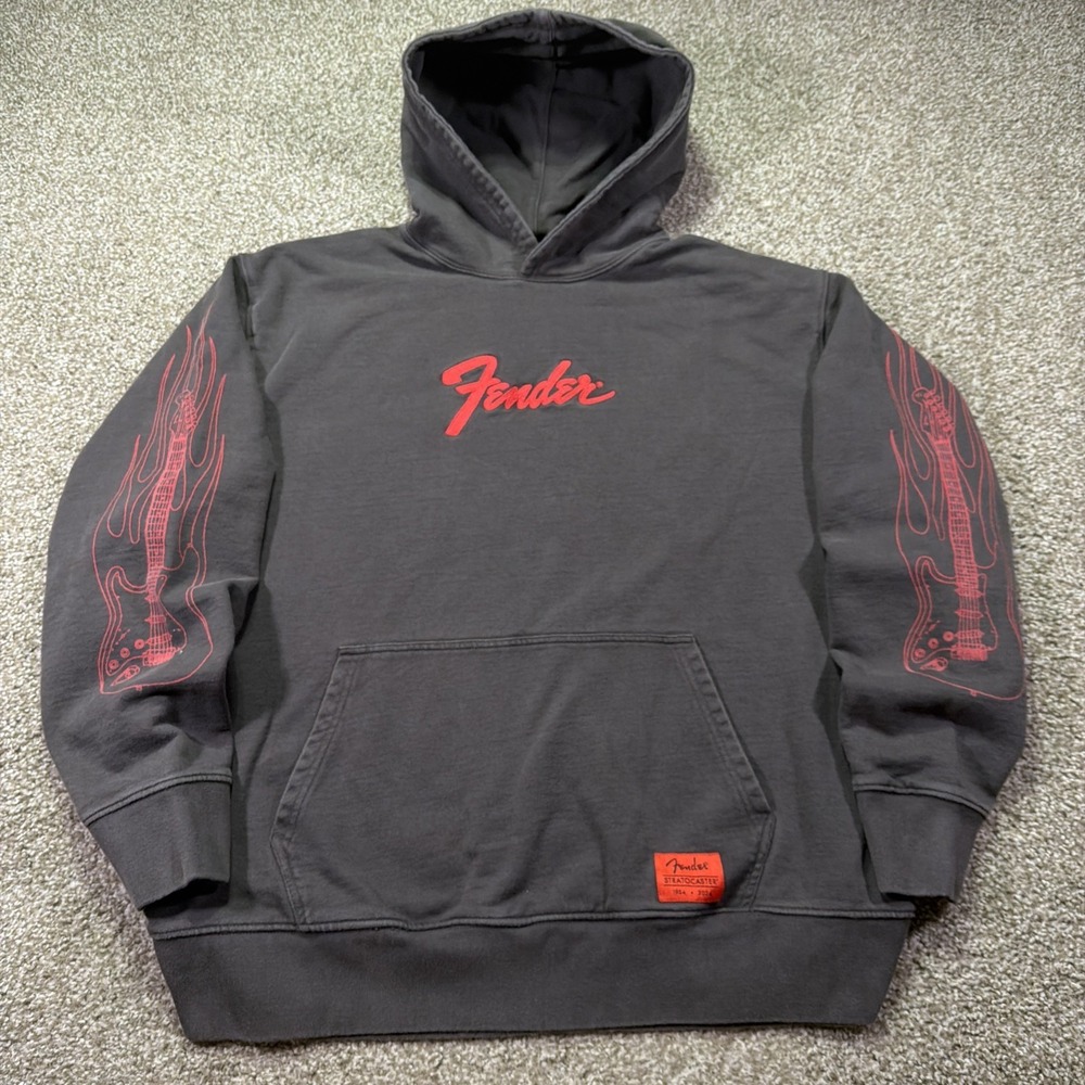 Fender Hoodie Arm Flames Y2k Style Pullover Heavyweight Faded Charcoal Gray XXL
